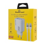 POWERTECH φορτιστής τοίχου PT-1415 με καλώδιο, USB/2x USB-C, 65W, GaN, λευκός - Image 2