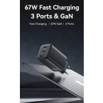 USAMS φορτιστής τοίχου CC265, USB & 2x USB-C, 67W, GaN, μαύρος - Image 2