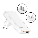 POWERTECH φορτιστής τοίχου PT-1532, EU/UK/CN βύσμα, USB/USB-C, 65W, GaN, λευκός