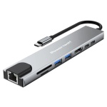 POWERTECH docking station PT-1536, 8 θυρών, USB-C σύνδεση, 87W PD, 100Mbps, γκρι